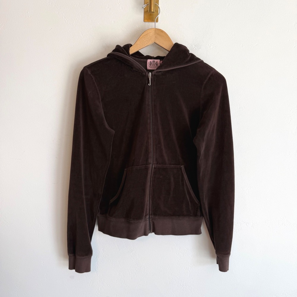 Vintage Juicy Couture Velour Hoodie XL Chocolate Brown J Zip Y2K 2000s McBling